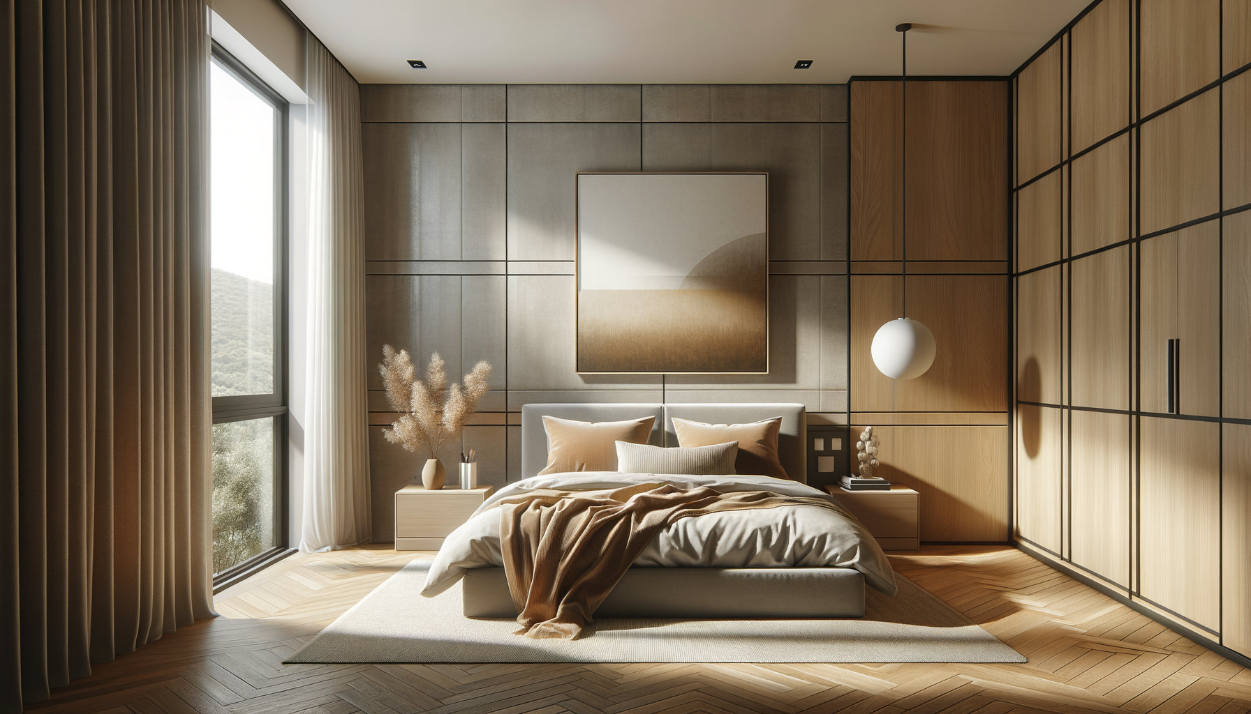 Chambre contemporaine minimaliste avec œuvre d'art unique comme point focal, design équilibré et serein