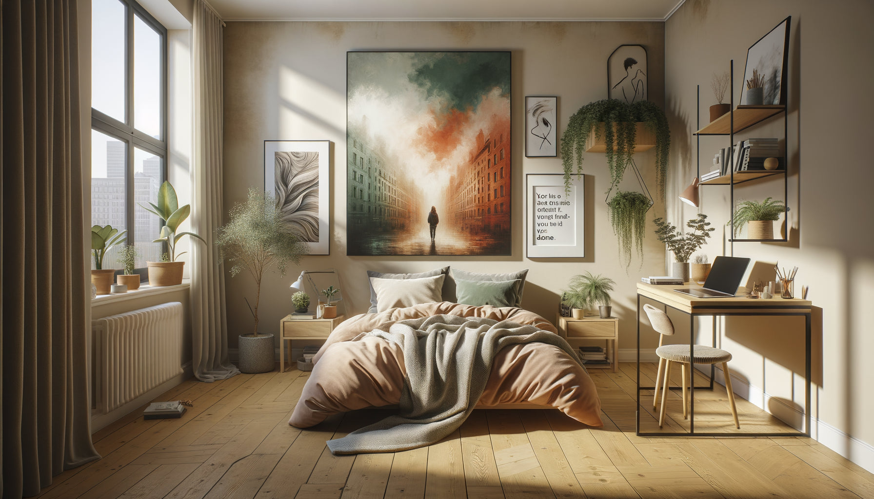 Chambre de jeune adulte contemporaine avec tableau abstrait émotionnel et décoration personnalisée, premier appartement