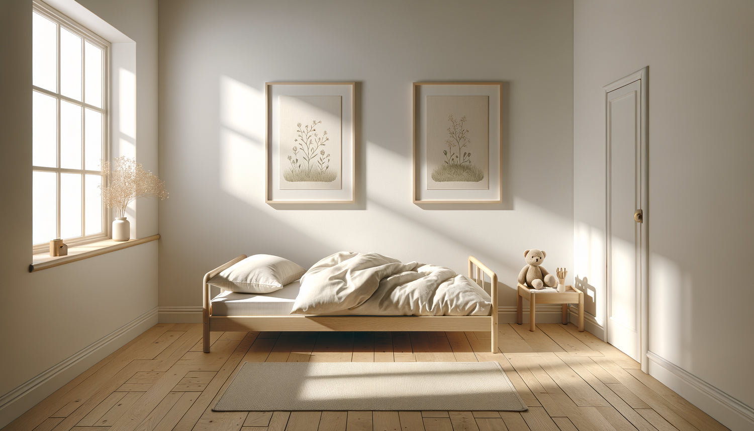 Chambre Montessori minimaliste avec lit au sol et tableaux accrochés bas à hauteur d'enfant selon principes pédagogiques