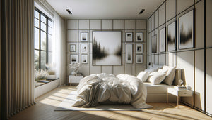 Chambre contemporaine élégante avec œuvres photographiques en noir et blanc créant une décoration intemporelle