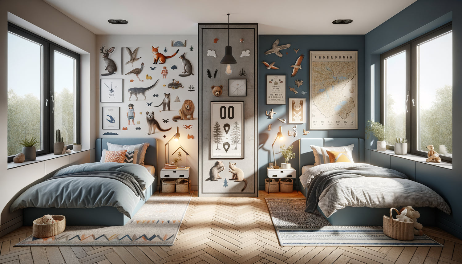 Chambre partagée enfants avec tableaux adaptés à deux âges différents, décoration harmonieuse et personnalisée