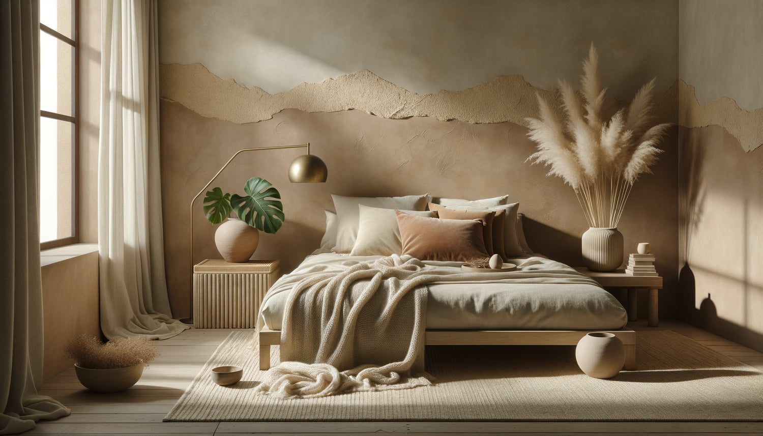 Chambre adulte contemporaine alliant sérénité wabi-sabi et sensualité avec textures naturelles, tons terreux et accents Art déco
