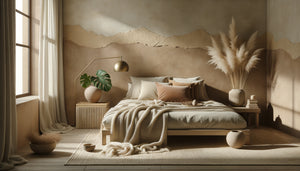 Chambre adulte contemporaine alliant sérénité wabi-sabi et sensualité avec textures naturelles, tons terreux et accents Art déco