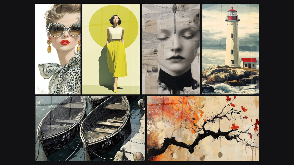 Mosaico di sei quadri, tra cui Donna gonna gialla cerchio limone, Porto N°2 e Faro N°3