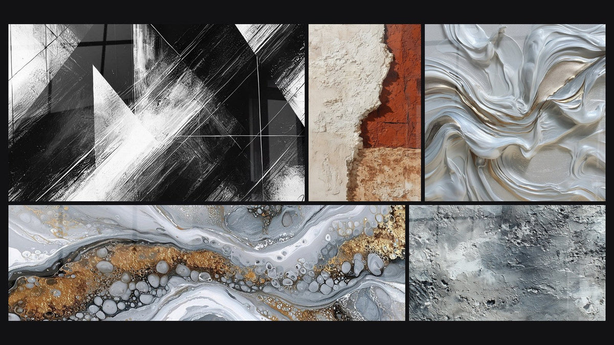 Mosaic of five paintings, including Convergence Points and Fluid Abstract Wall Art Gray and Gold
