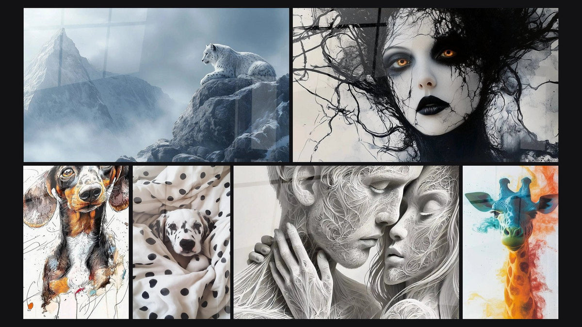 Mosaïque de six tableaux, dont Panthère des neiges N°2, Teckel N°1 et Dalmatien N°5