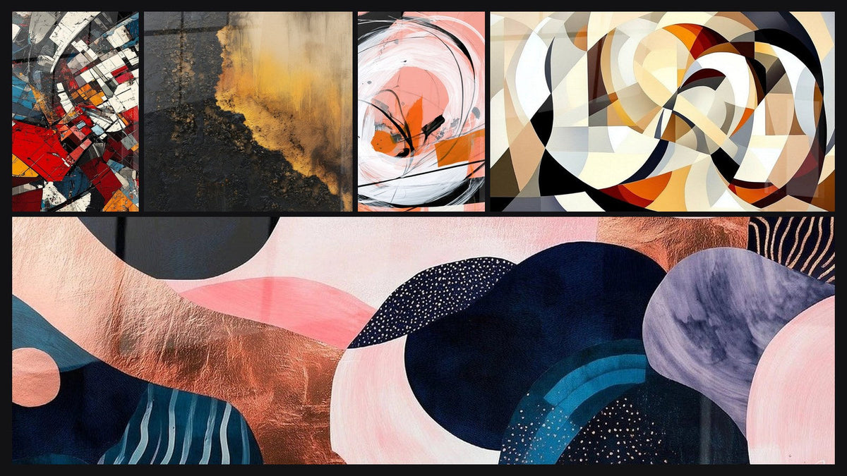 Mosaic of five paintings, including Architectural Revolution Modern and Undulating Symbiosis Coral