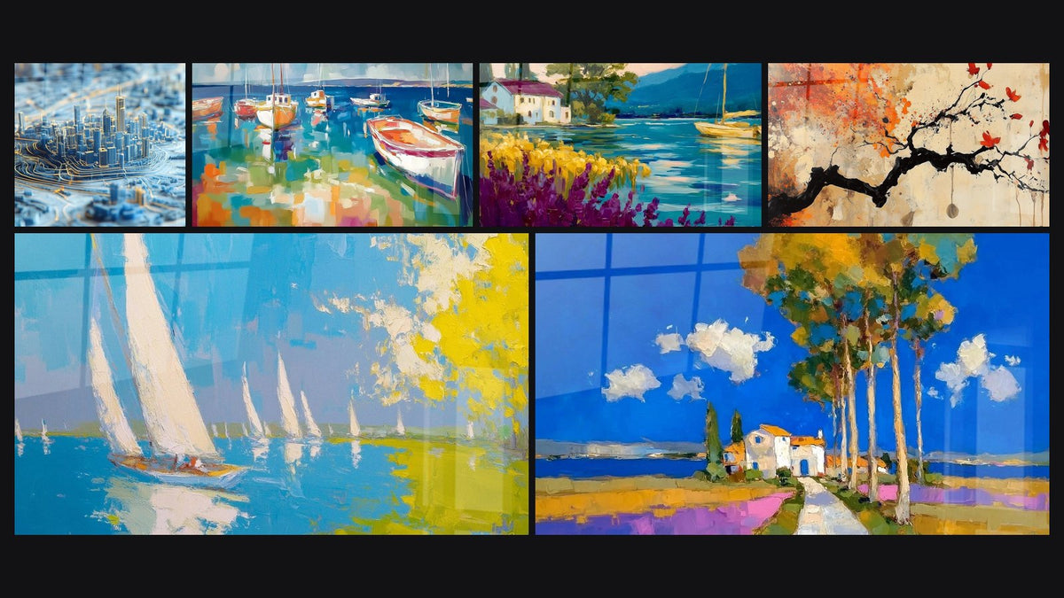 Mosaic of six paintings, including City Dream Steel Blue and Coastal Landscape Wall Art Fleeting Moment
