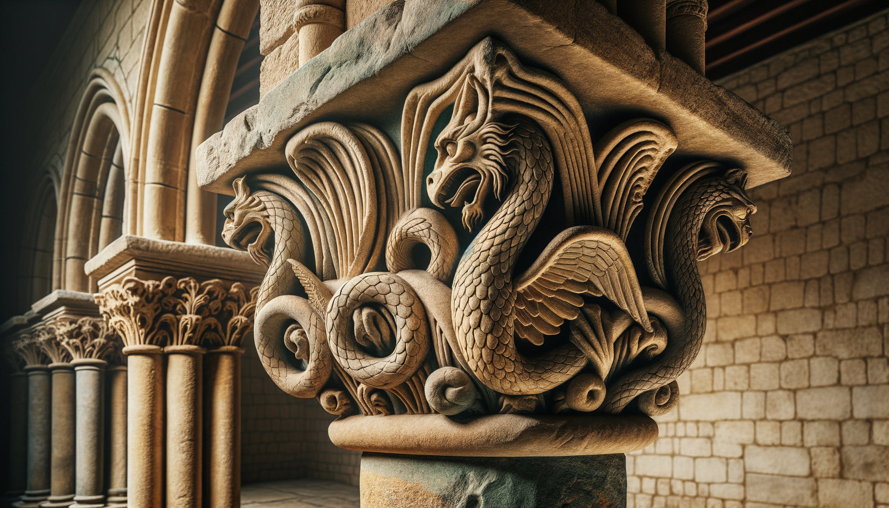 Chapiteau roman du XIIe siècle sculpté de créatures fantastiques : dragon, griffon et sirène en pierre calcaire