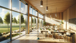 Salle de classe moderne avec châssis de fenêtres en bois certifié PEFC, architecture éco-responsable et lumière naturelle