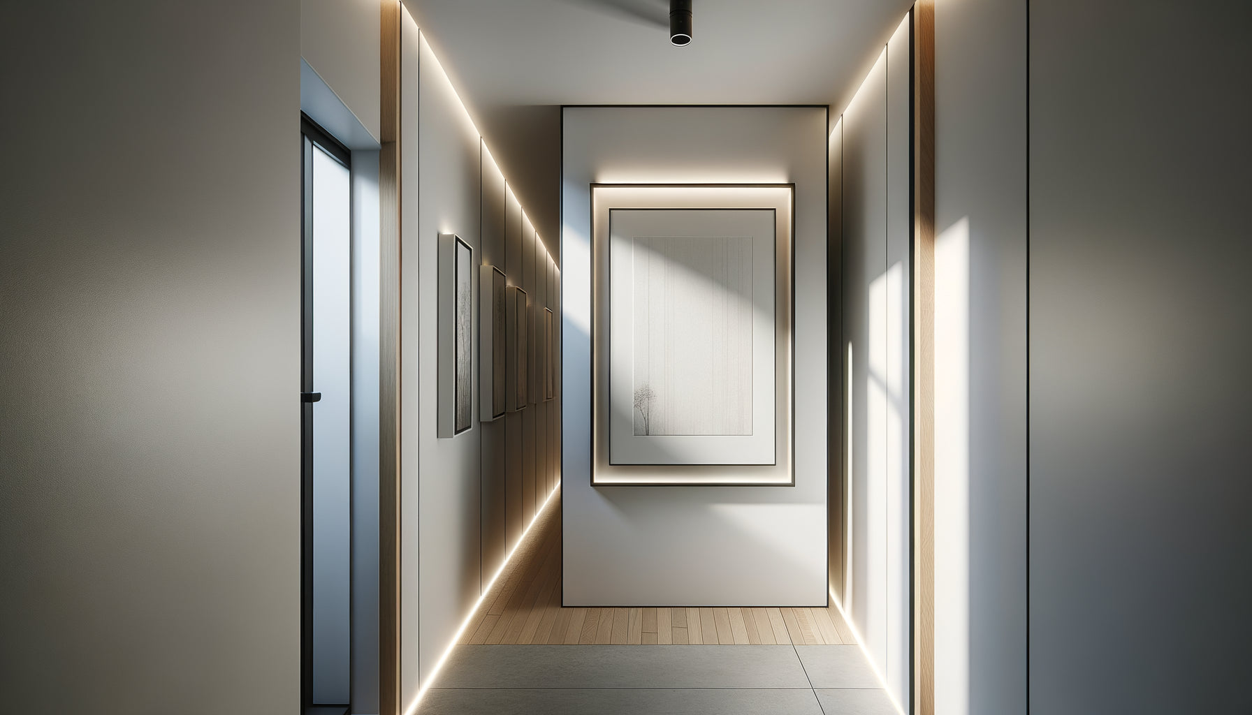 Châssis peu profond de 2cm monté dans un couloir moderne, vue de profil montrant la saillie minimale