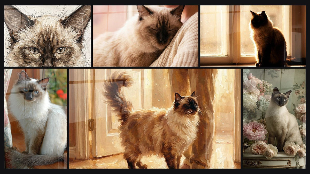 Mosaico di sei quadri, tra cui Ritratto di Gatto Balinese, Chat Balinese Maestoso e Gatto Balinese Luce Dorato