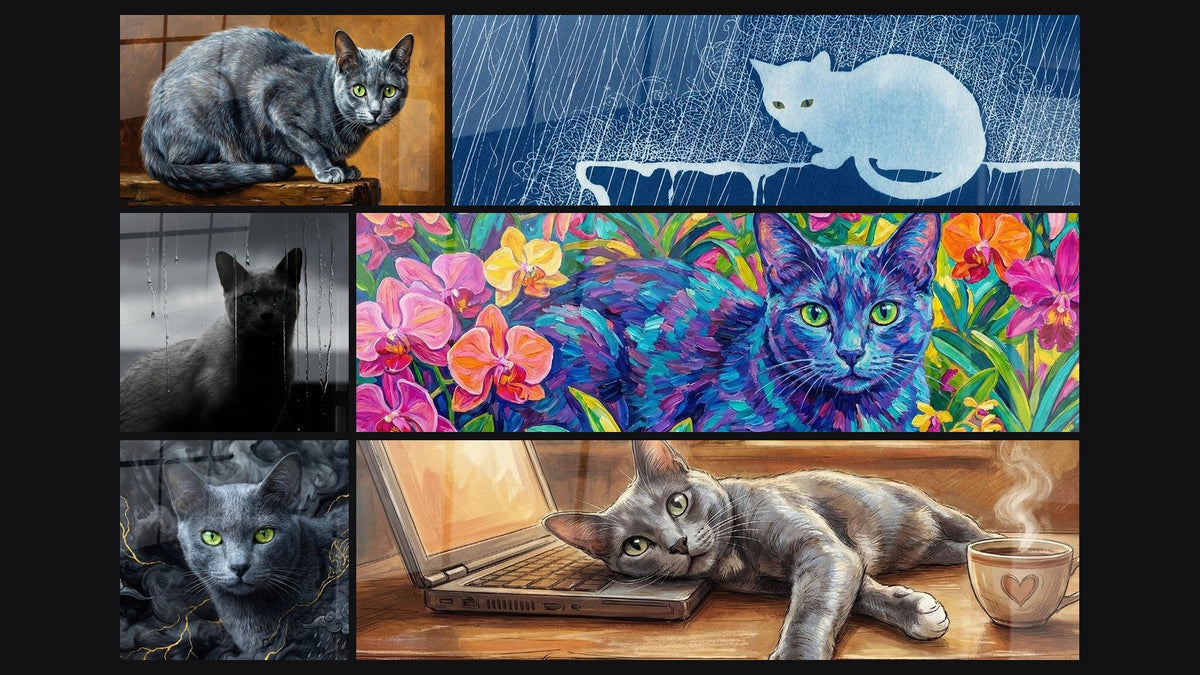 Mosaïque de six tableaux, dont Chat Korat Gris aux Yeux Verts, Chat Korat sous la Pluie et Chat Korat Mystique
