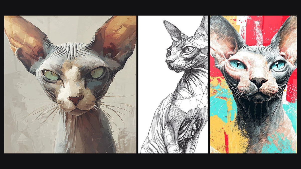 Mosaïque de trois tableaux : Chat Sphynx Portrait Artistique, Chat Sphynx Esquisse et Chat Sphynx Pop Art