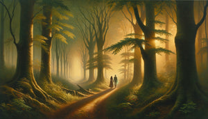Peinture romantique d'un couple marchant main dans la main sur un sentier forestier brumeux symbolisant le voyage amoureux commun