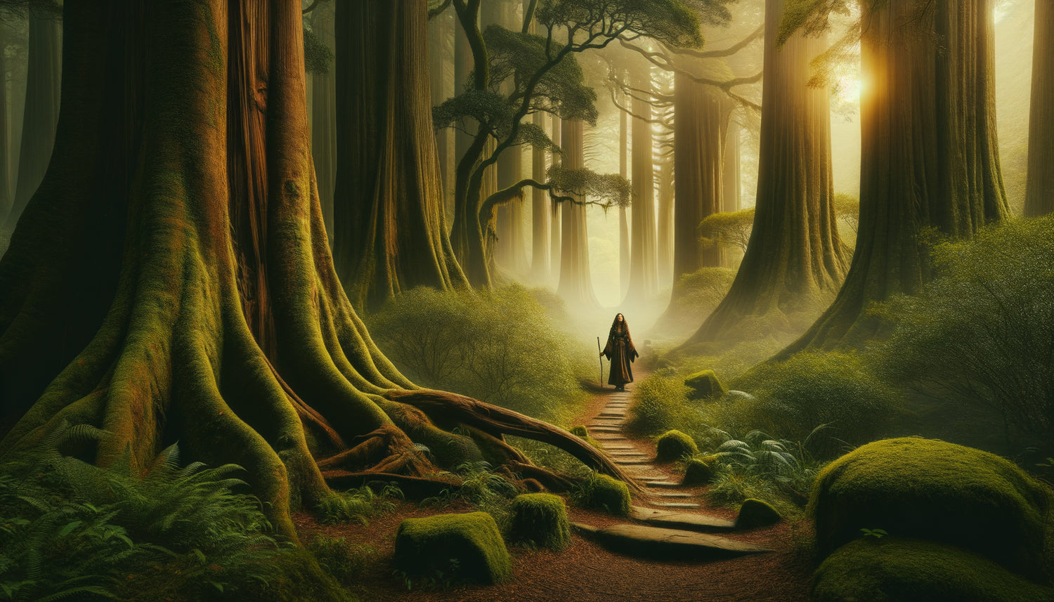 Sentier forestier ancestral traversant une forêt mystique avec silhouette de voyageur solitaire symbolisant le voyage initiatique et la transformation intérieure