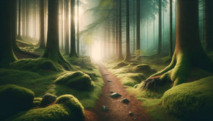 Chemin forestier brumeux symbolisant le voyage intérieur et la progression méditative du yoga