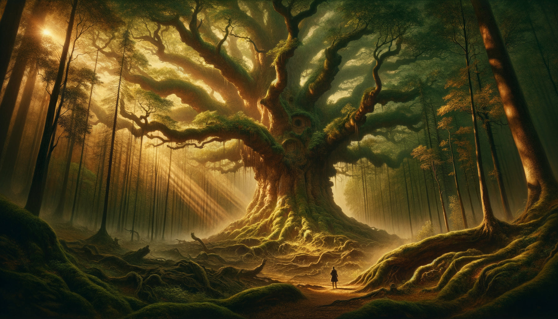 Peinture romantique du 19ème siècle représentant un chêne millénaire majestueux dans une lumière dramatique, style Friedrich