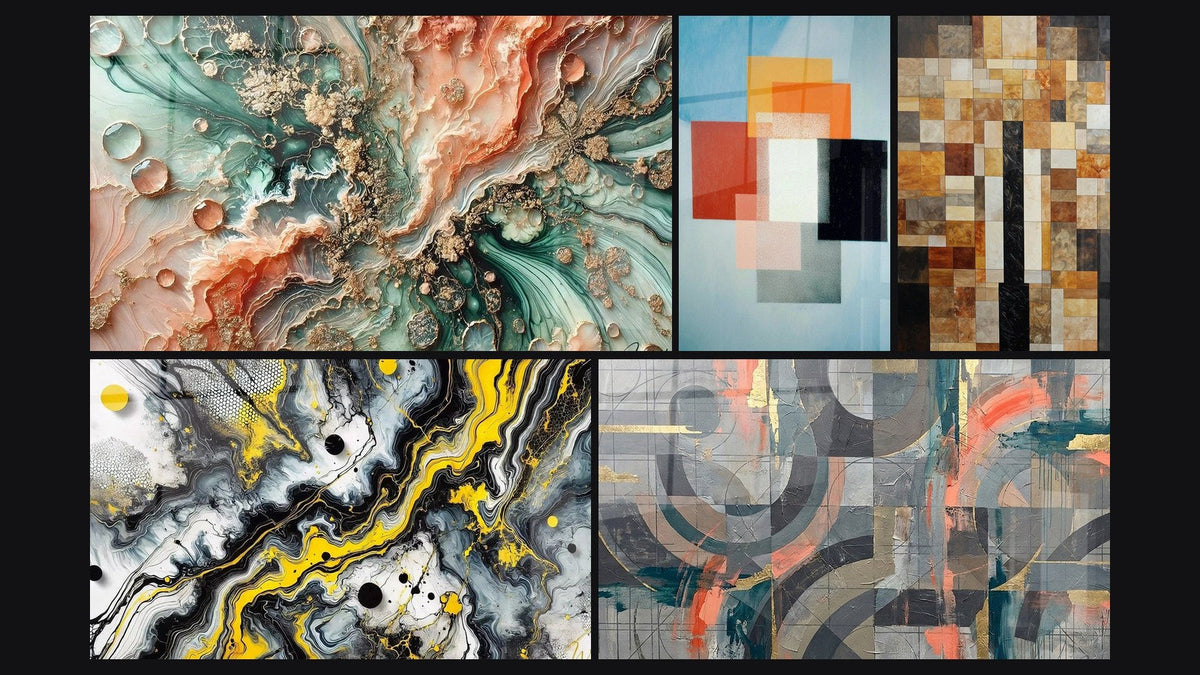 Mosaico de cinco cuadros, entre ellos Sueño Coralino, Formas Geométricas Contraste Funcional y Impacto Negro