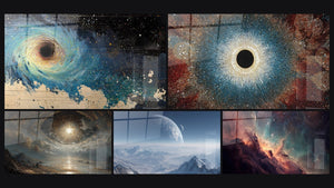 Mosaico de cinco cuadros, entre ellos Agujero negro cósmico, Galaxia Espiral Cósmica y Planeta extraterrestre