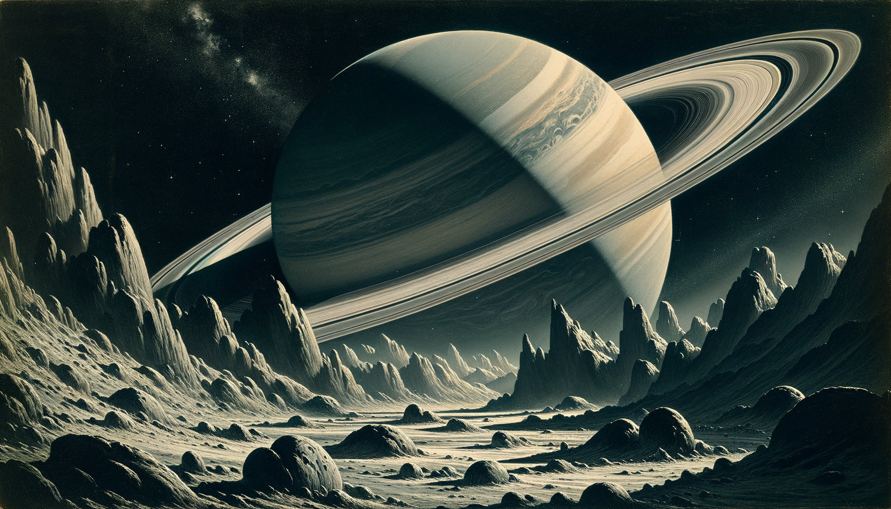 Peinture space art années 1940 style Chesley Bonestell montrant Saturne depuis une lune rocheuse, illustration astronomique réaliste pré-Apollo