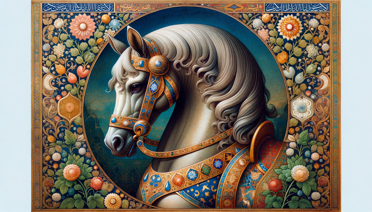 Miniature persane médiévale représentant un cheval arabe noble aux narines largement dilatées, style safavide avec enluminures dorées