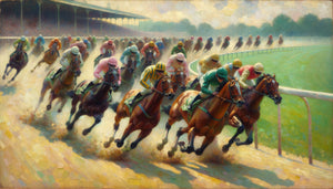 Peinture impressionniste style Degas représentant des chevaux de course en mouvement avec jockeys, années 1870, brushstrokes dynamiques