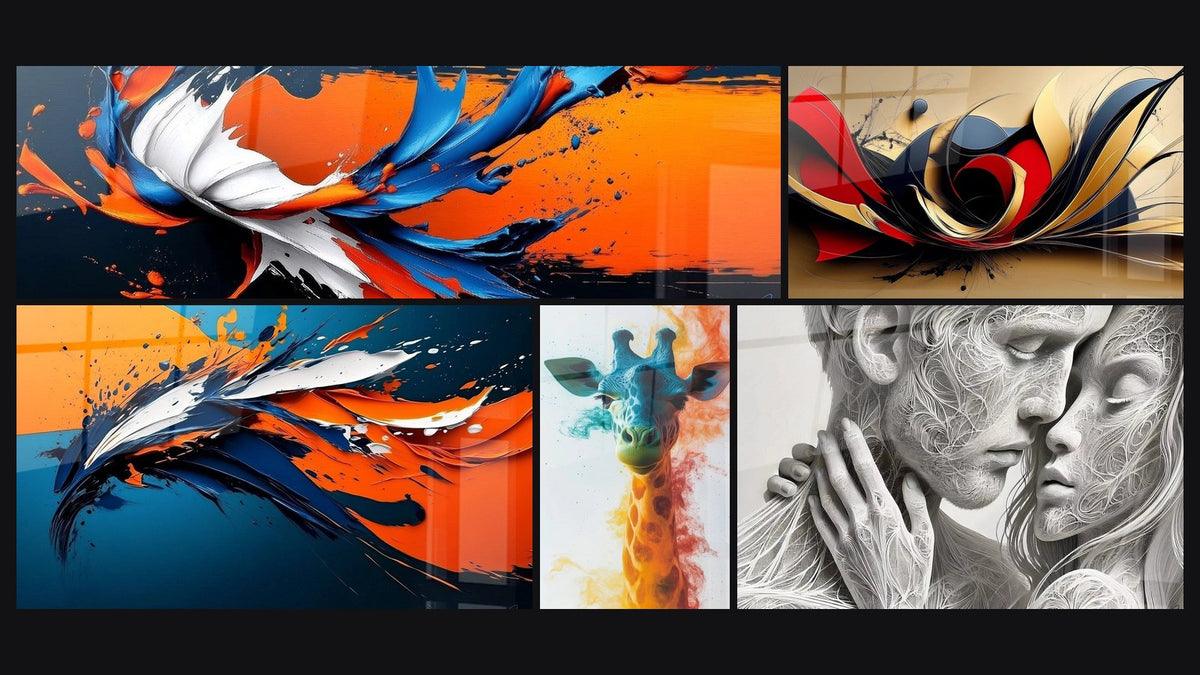 Mosaico de cinco cuadros, entre ellos Abstracto explosión de colores, Abstracto movimiento y Abstracto dinámico