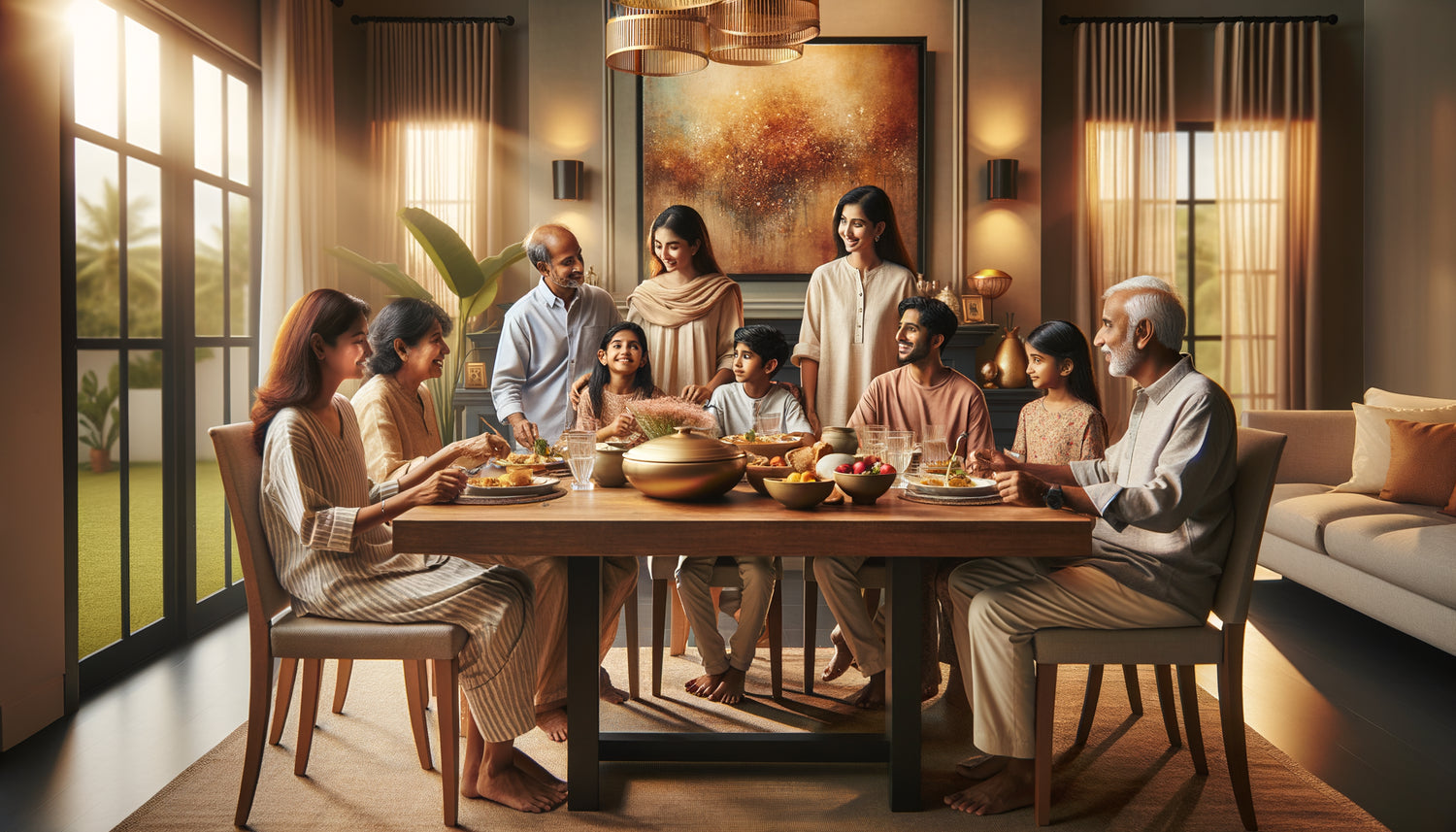 Famille multigénérationnelle réunie autour d'une table de salle à manger avec œuvre d'art consensuelle au mur
