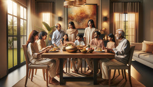 Famille multigénérationnelle réunie autour d'une table de salle à manger avec œuvre d'art consensuelle au mur