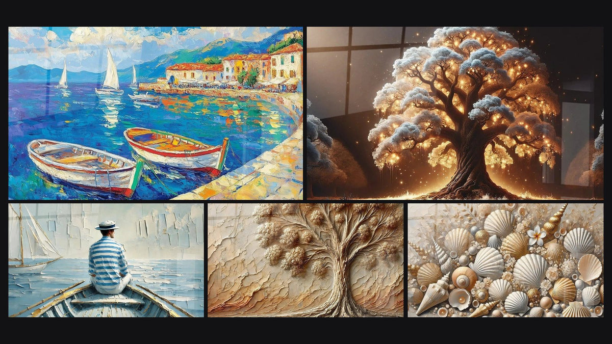 Mosaico di cinque quadri, tra cui Porto N°1, L'Arte dell'Acqua e Albero della Notte