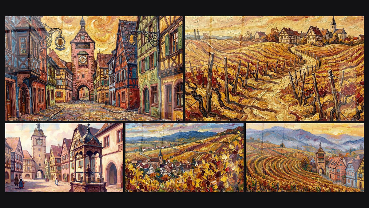 Mosaïque de cinq tableaux, dont Village Alsacien, Village Alsacien Traditionnel et Village Alsacien Automne