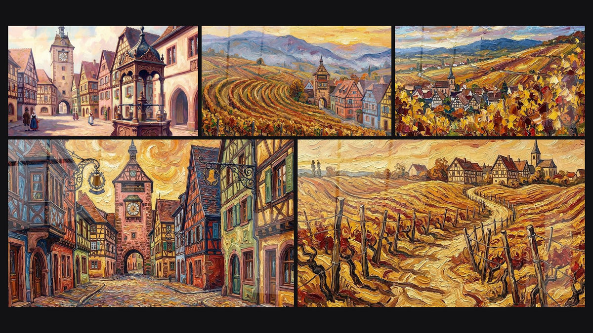 Mosaik aus fünf Gemälden, darunter Traditionelles Elsässisches Dorf, Weinbaudorf Elsass und Elsässisches Dorf