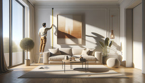 Scène de décoration intérieure montrant la mesure d'un mur au-dessus d'un canapé pour accrocher un tableau