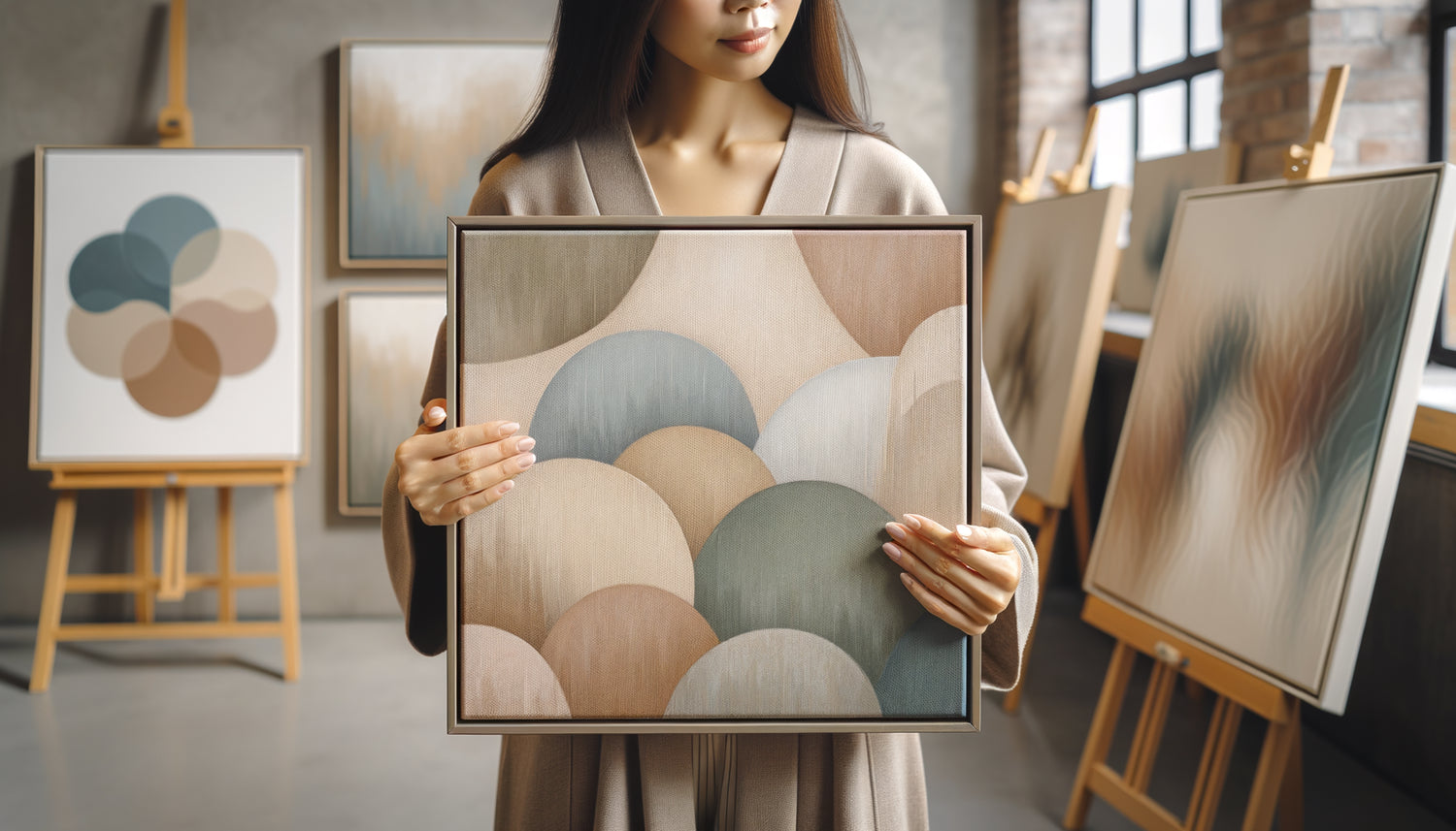 Personne choisissant un tableau abstrait aux tons neutres dans une galerie, illustration du choix stratégique d'un cadeau artistique universel