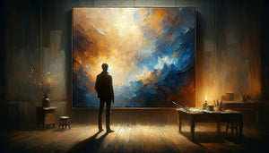 Personne contemplant de près une peinture abstraite émotionnelle, moment de connexion intime avec l'œuvre