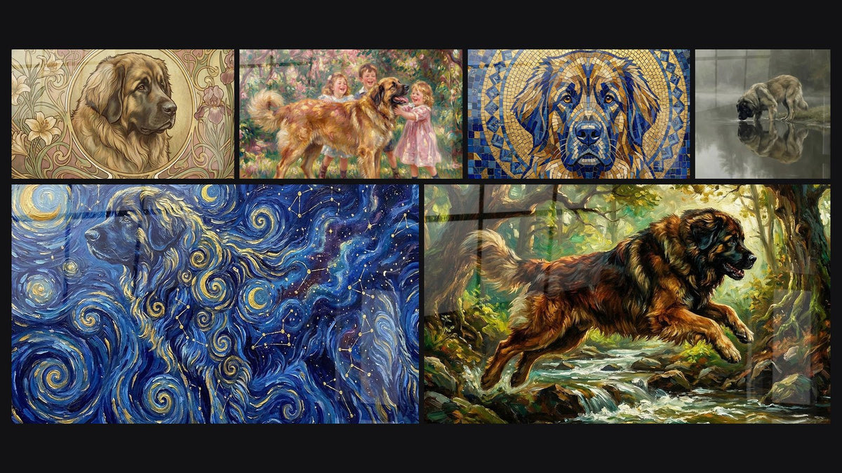 Mosaik aus sechs Gemälden, darunter Hundetafel Mosaik Golden und Blau und Leonberg Hund trinkt aus einer Pfütze