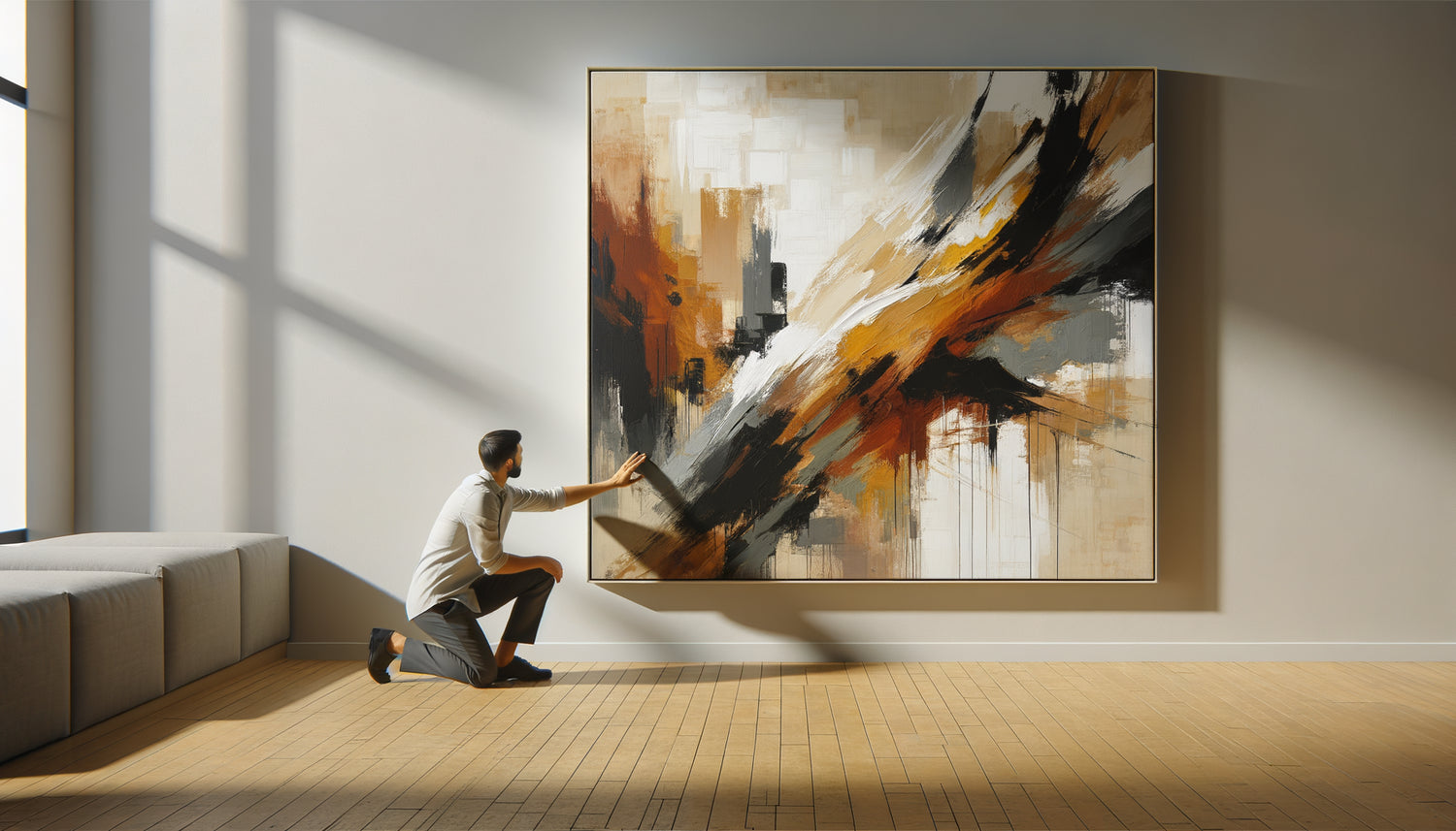 Personne tenant un tableau abstrait contemporain aux couleurs terracotta et ocre contre un mur blanc pour choisir son œuvre statement