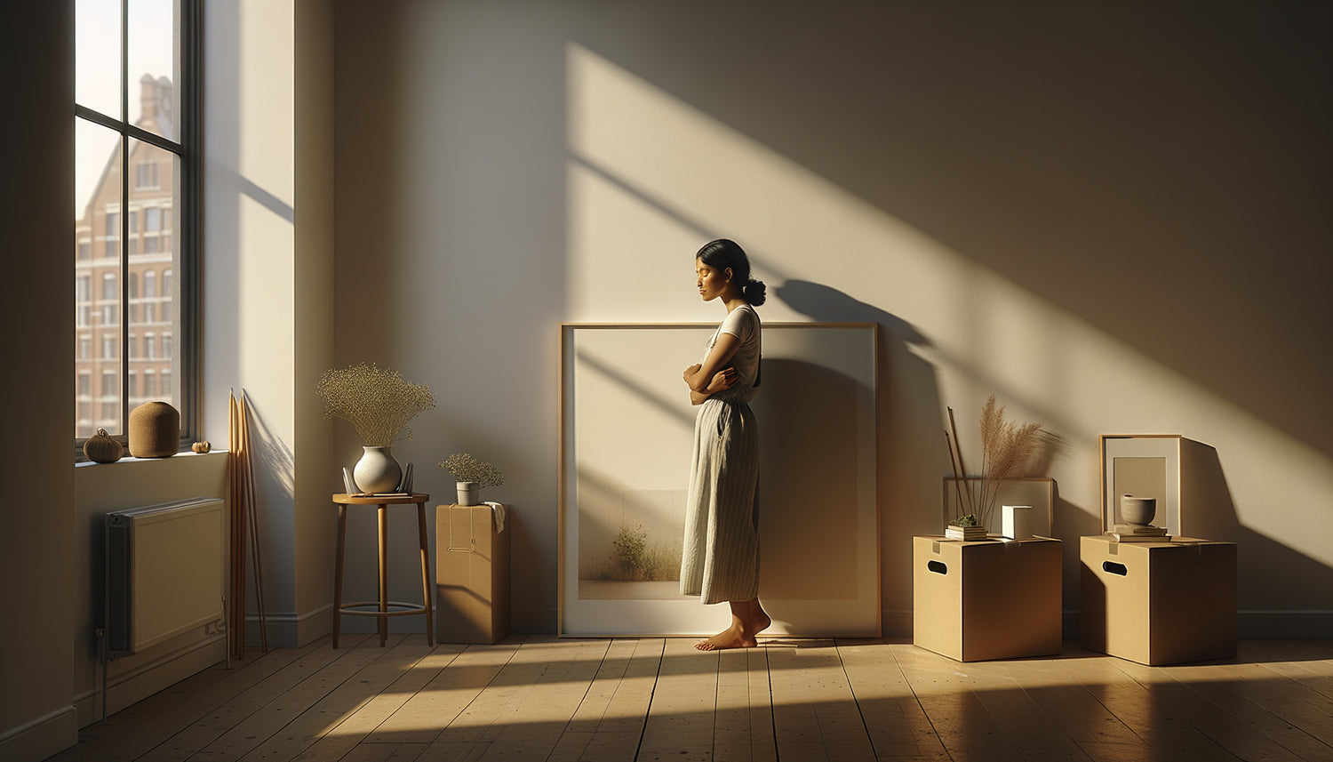 Personne contemplant un mur blanc dans son nouvel appartement, tenant une œuvre d'art, symbolisant le choix réfléchi post-déménagement