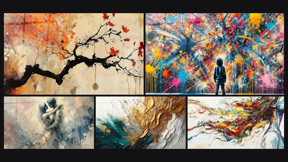 Mosaic of five paintings, including Terracotta Wall Art No.4, Paint Bursts and Between Us