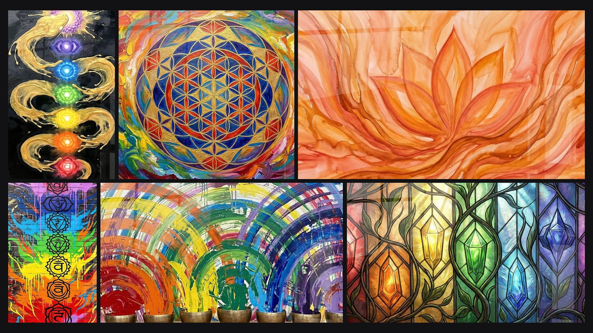 Mosaic of six paintings, including Golden Spiral with Colorful Energy Centers and Colorful Energy Centers on Brick Wall