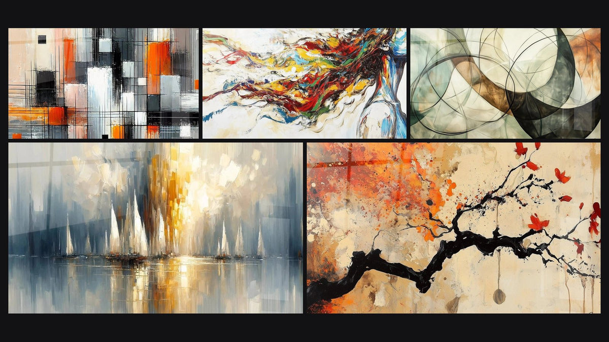 Mosaic of five paintings, including Mechanics of Colors, Dawn Over the Bay and Terracotta Wall Art No.4