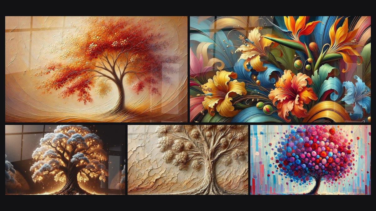 Mosaïque de cinq tableaux, dont Danse des Saisons, Arbre de Nuit et Arbre d'Antan