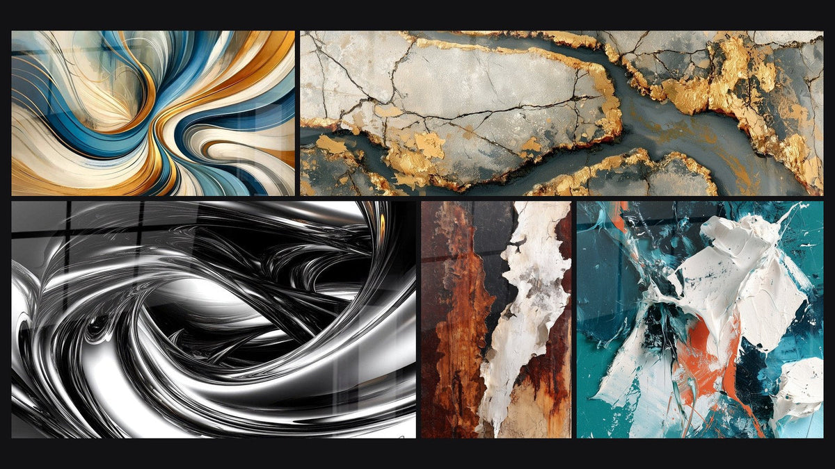 Mosaic of five paintings, including Elegant Spirals, Metallic Whirlpool and White Shimmer and Teal in Relief