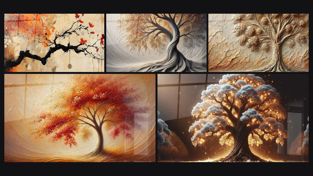 Mosaico di cinque quadri, tra cui Respiro della Terra, Danza delle Stagioni e Albero della Notte