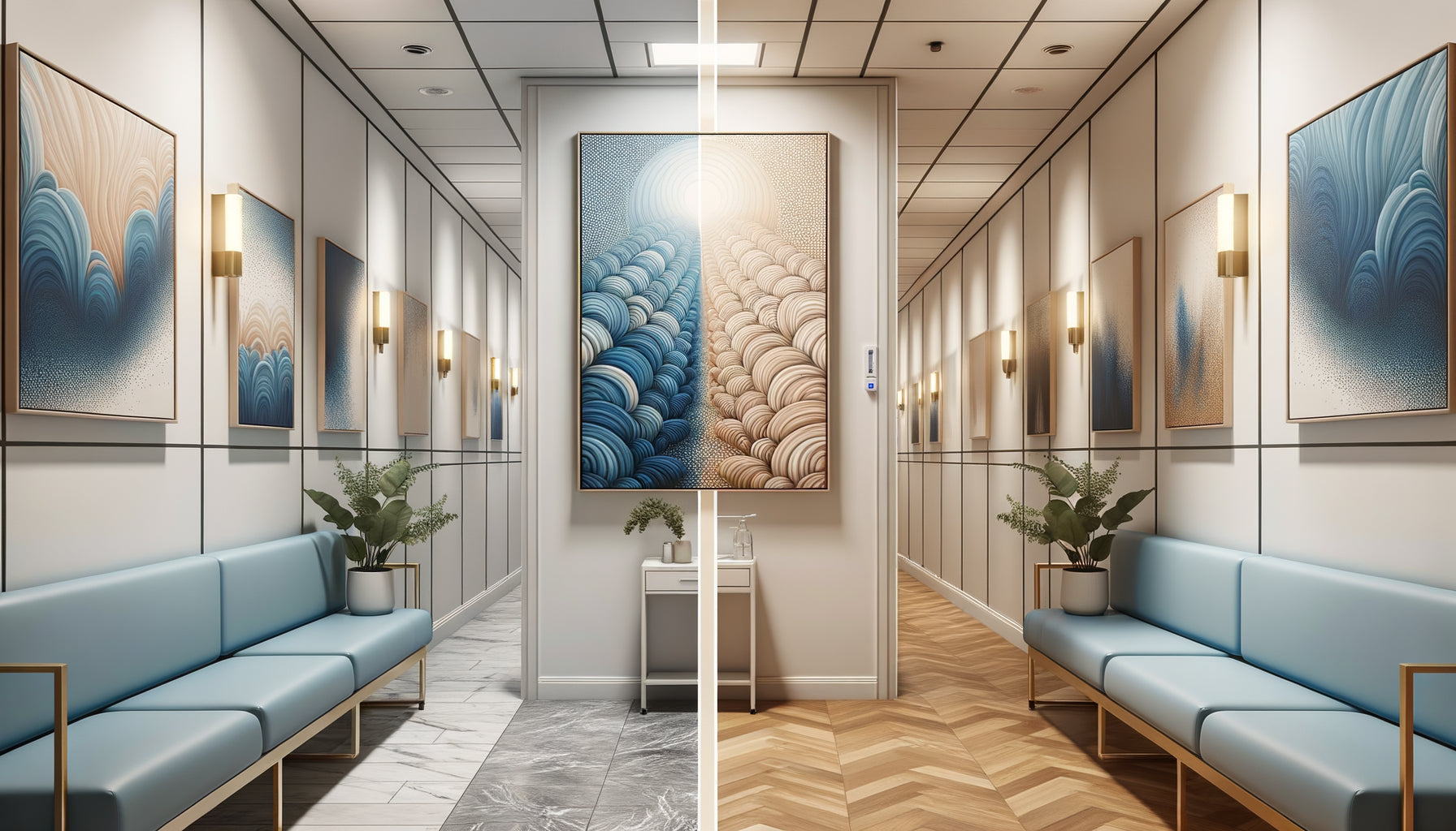 Couloir de cabinet médical moderne montrant deux approches décoratives : motifs répétitifs apaisants versus composition unique percutante