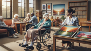 Résidents seniors choisissant ensemble des tableaux, processus participatif en structure d'accueil, autonomie décisionnelle illustrée