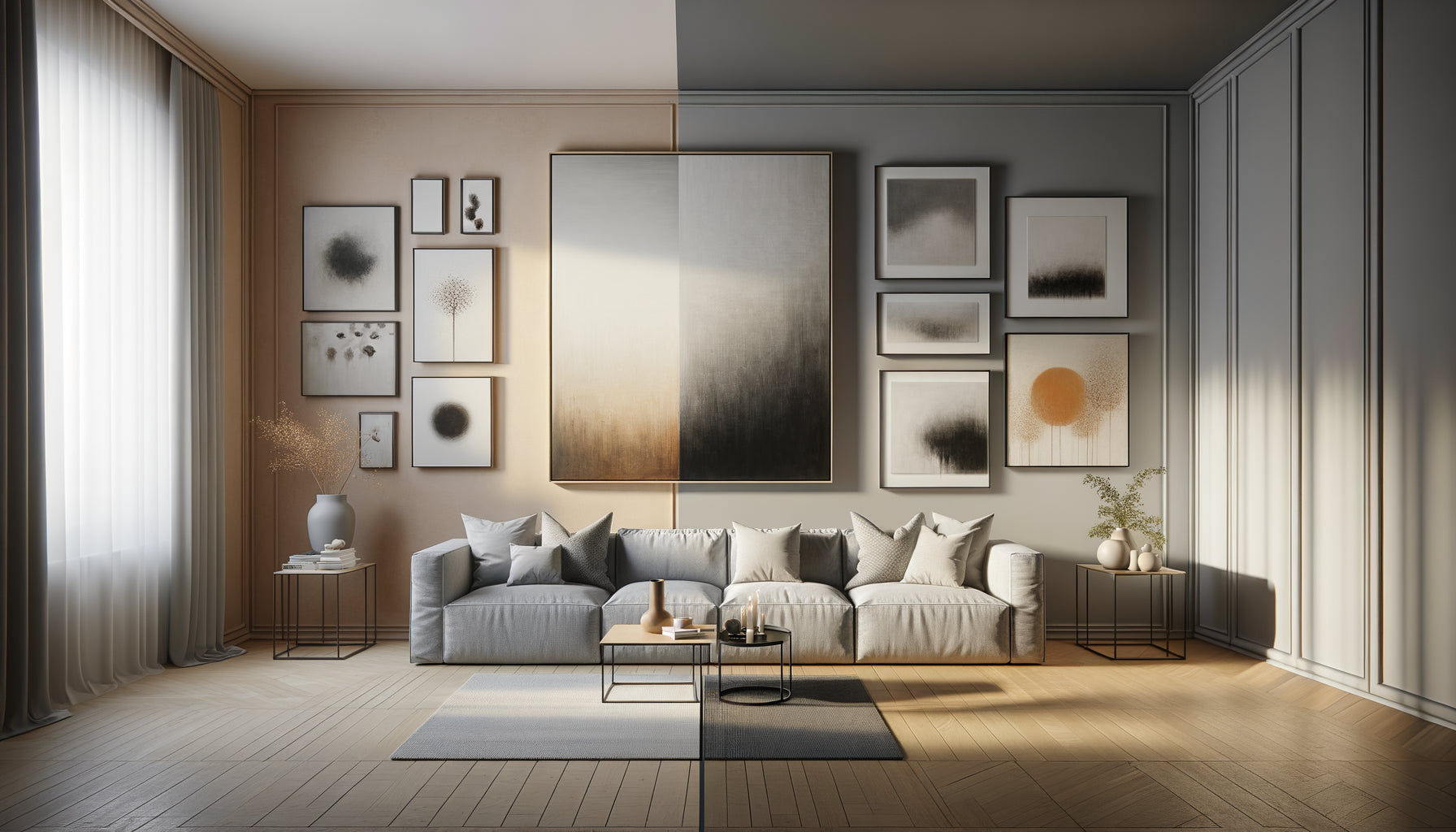 Comparaison visuelle entre une pièce maîtresse unique et plusieurs tableaux coordonnés dans un intérieur contemporain