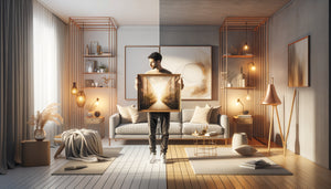 Personne hésitant entre accrocher un tableau dans le salon ou la chambre de son premier appartement