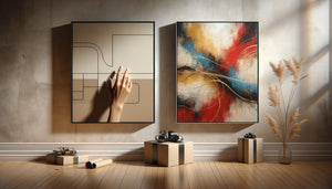 Choix entre tableau abstrait neutre apaisant et œuvre audacieuse colorée dans contexte de cadeau contemporain